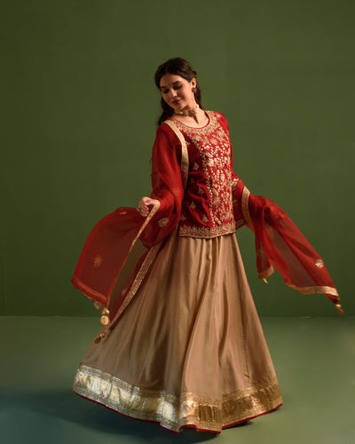 Dusky Red Gota Patti Chanderi Lehanga Set