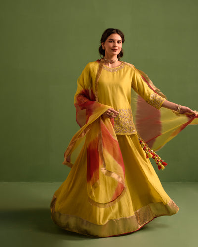 Radiant Lemon Gota Patti Chanderi Lehanga Set