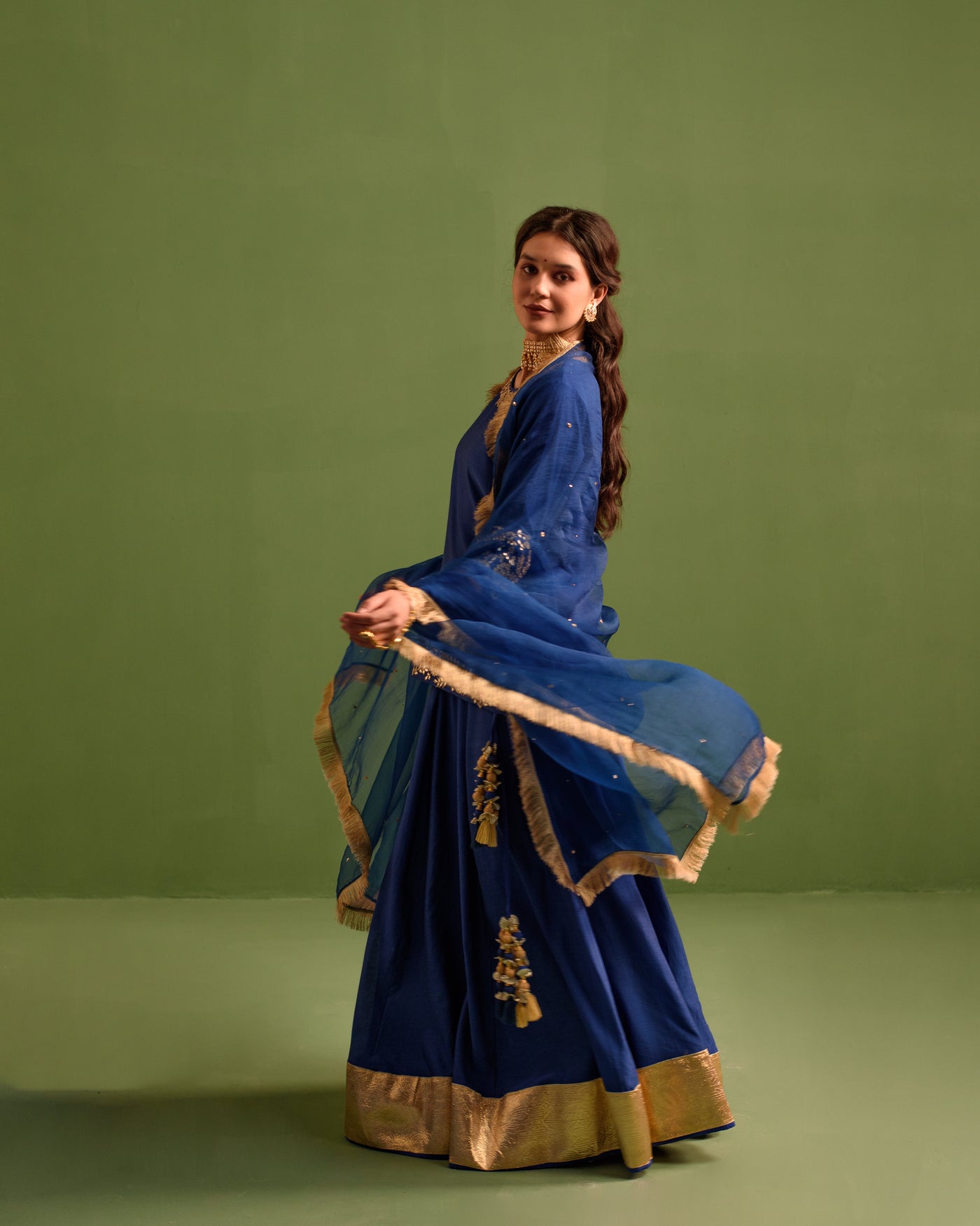 Regal Blue Gota Patti Chanderi Lehanga Set