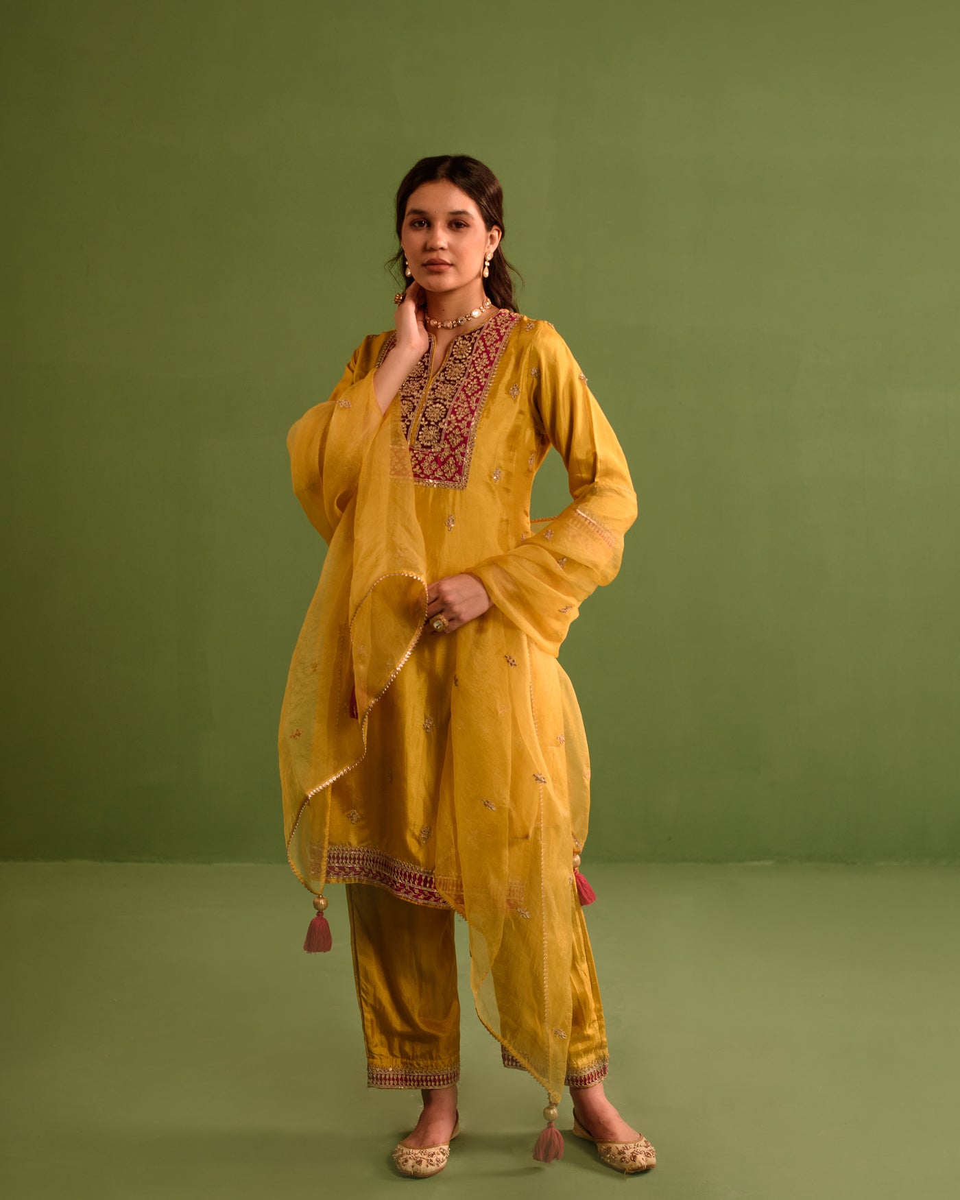 Bright Yellow Marori Work Upara Silk Suit Set