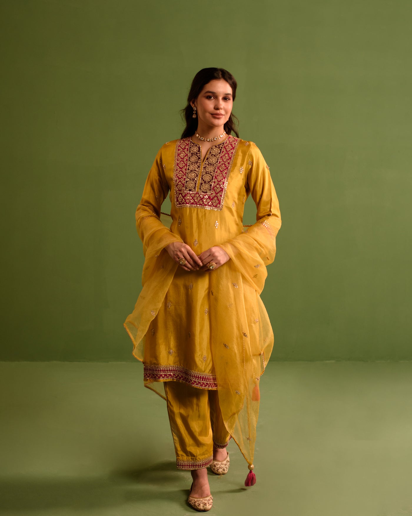 Bright Yellow Marori Work Upara Silk Suit Set