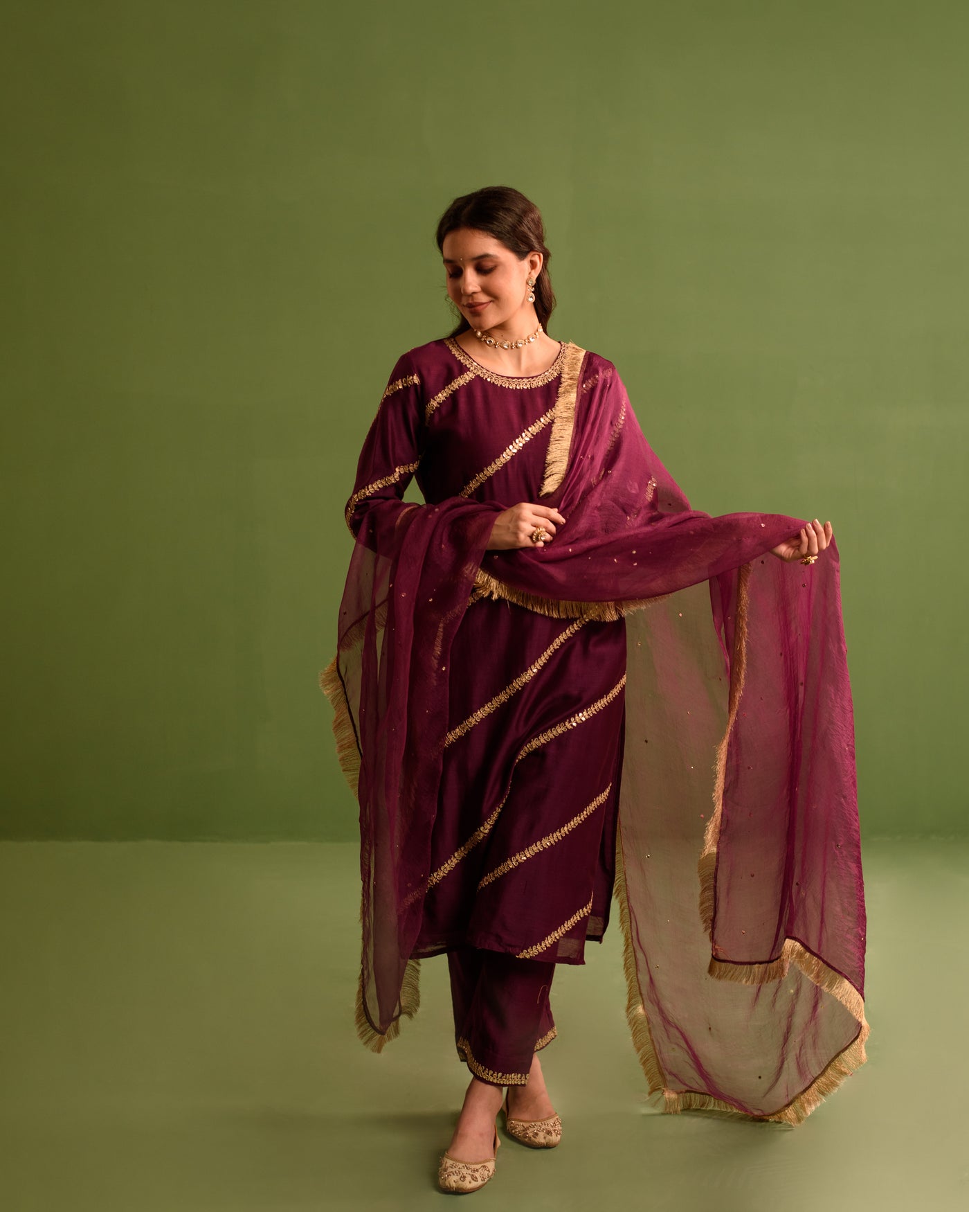 Wine Berry Marori Work Chanderi Suit Set