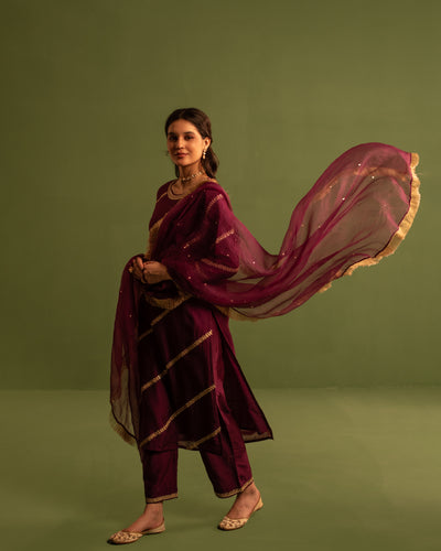 Wine Berry Marori Work Chanderi Suit Set