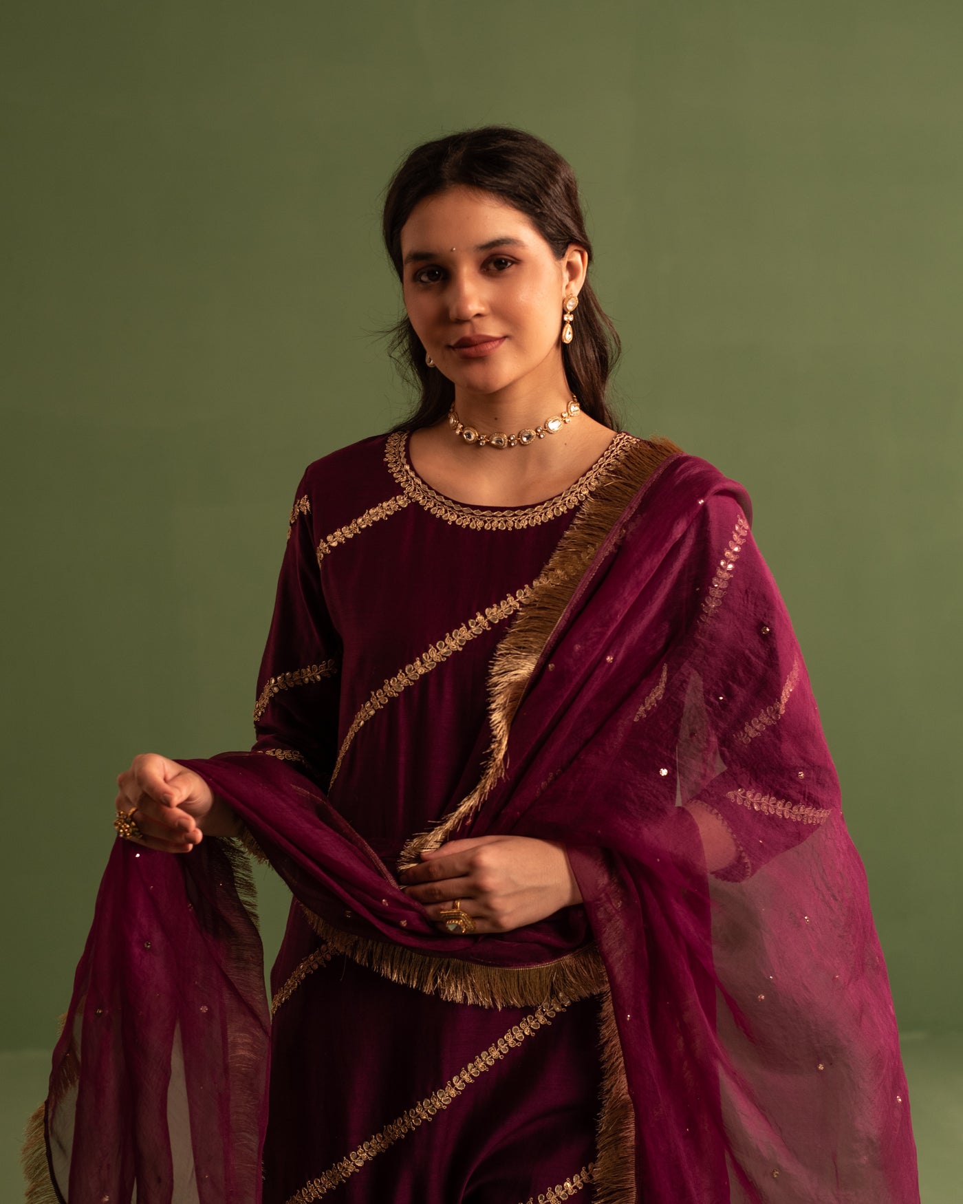 Wine Berry Marori Work Chanderi Suit Set