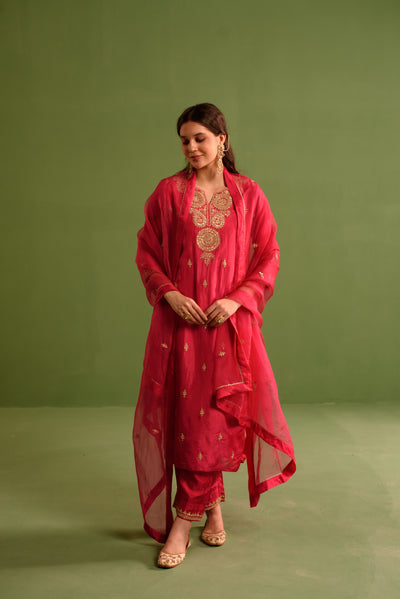 Radiant Pink Marori Work Upara Silk Suit Set