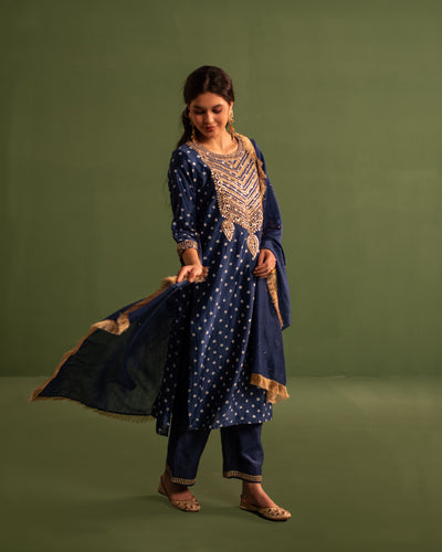 Evening Ocean Bandhej Gota Patti Blue Chanderi Suit Set