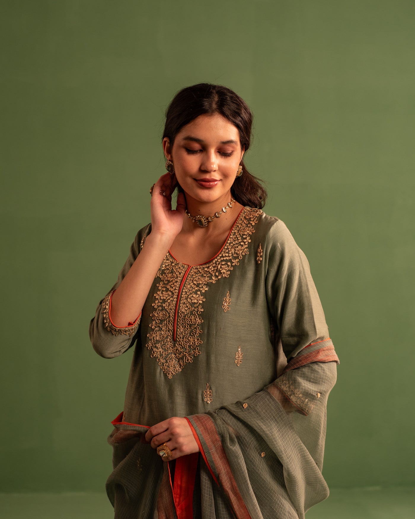 Olive Orchard Gota Patti Chanderi Suit Set