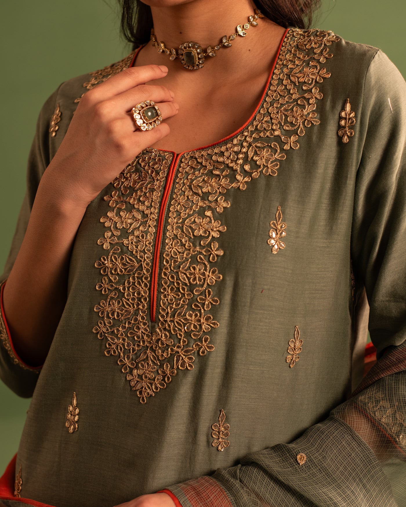 Olive Orchard Gota Patti Chanderi Suit Set