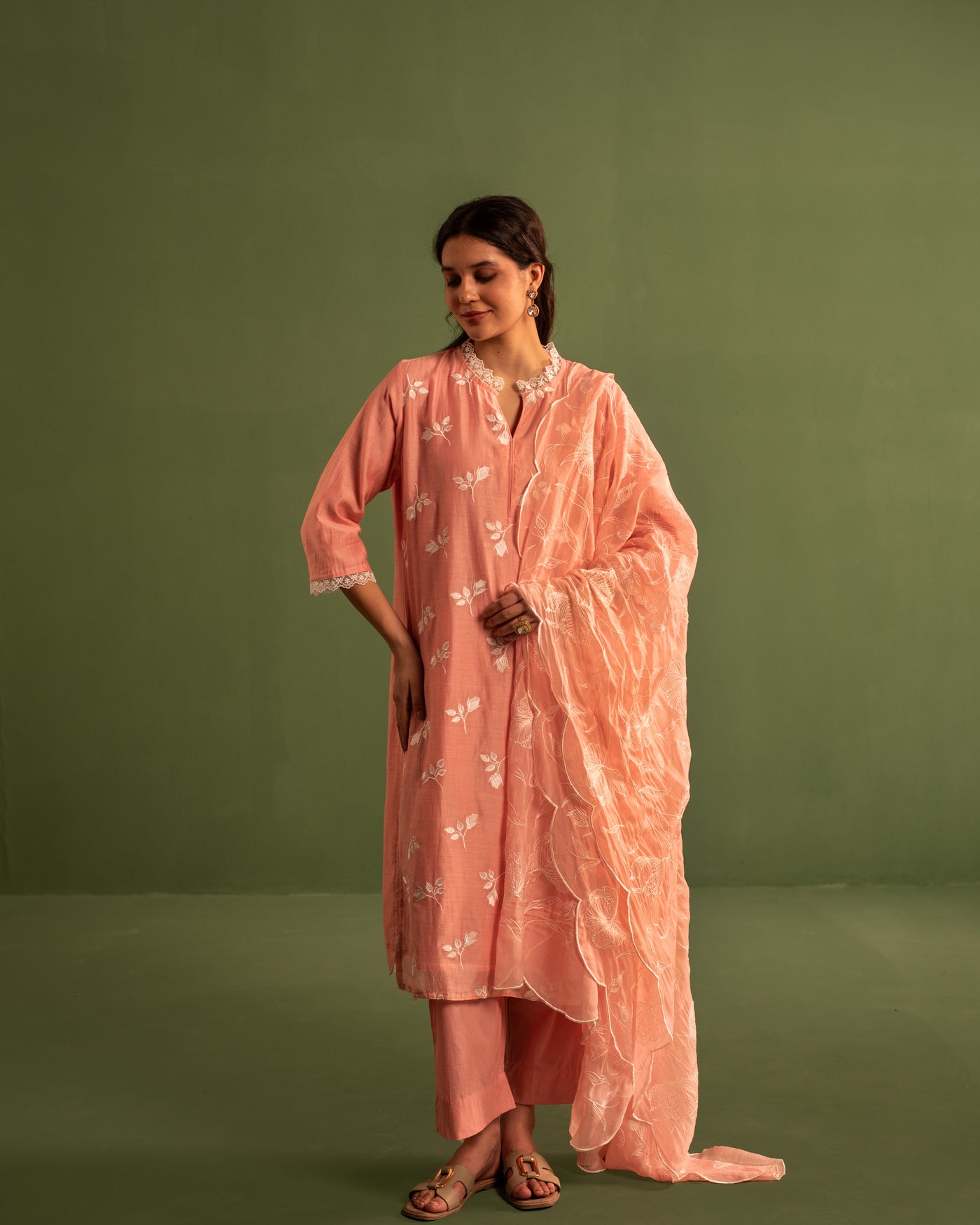 Creamy Peach Floral Embroidered Chanderi Suit Set