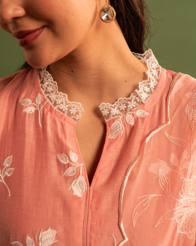 Creamy Peach Floral Embroidered Chanderi Suit Set