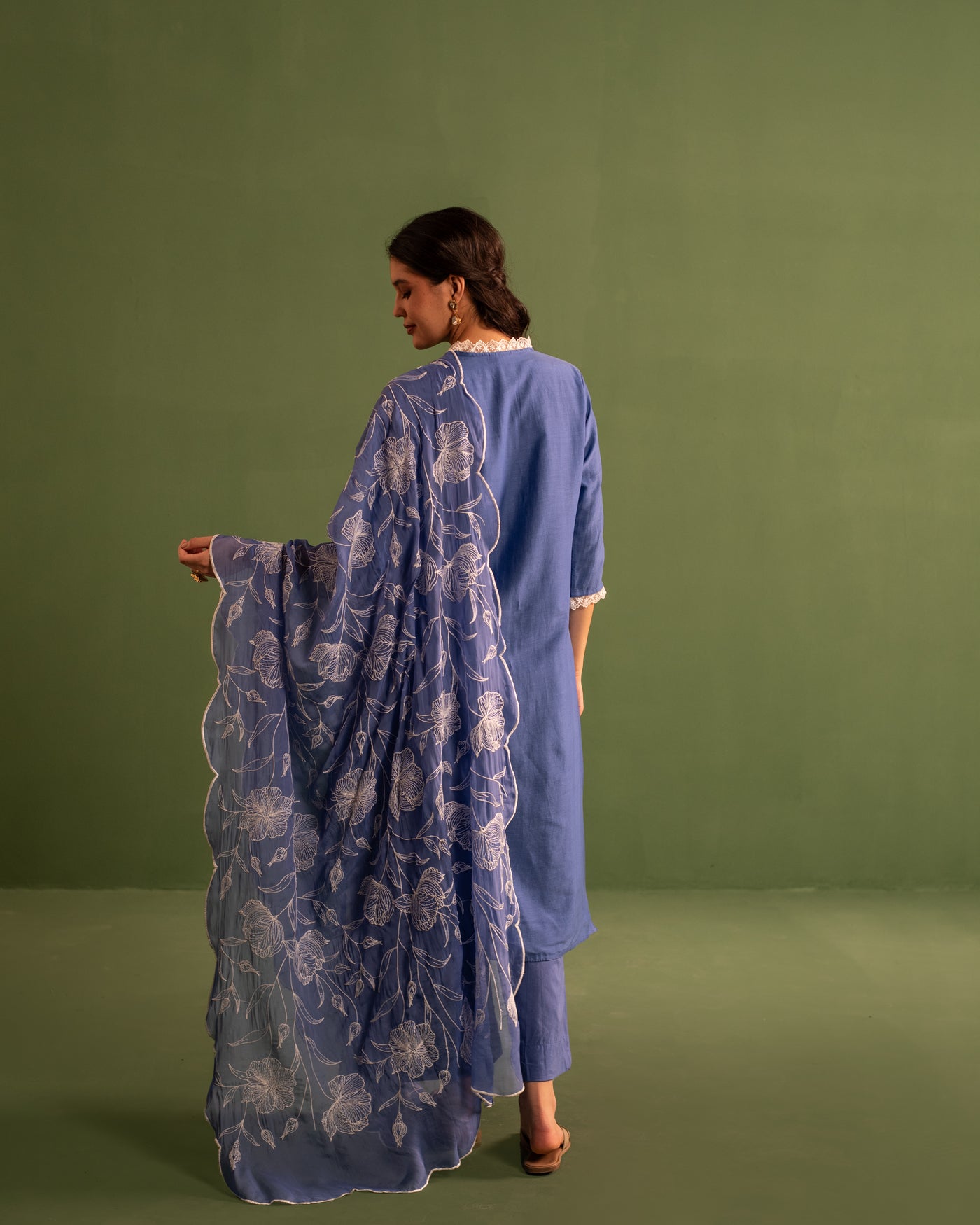 Space Blue Floral Embroidered Chanderi Suit Set