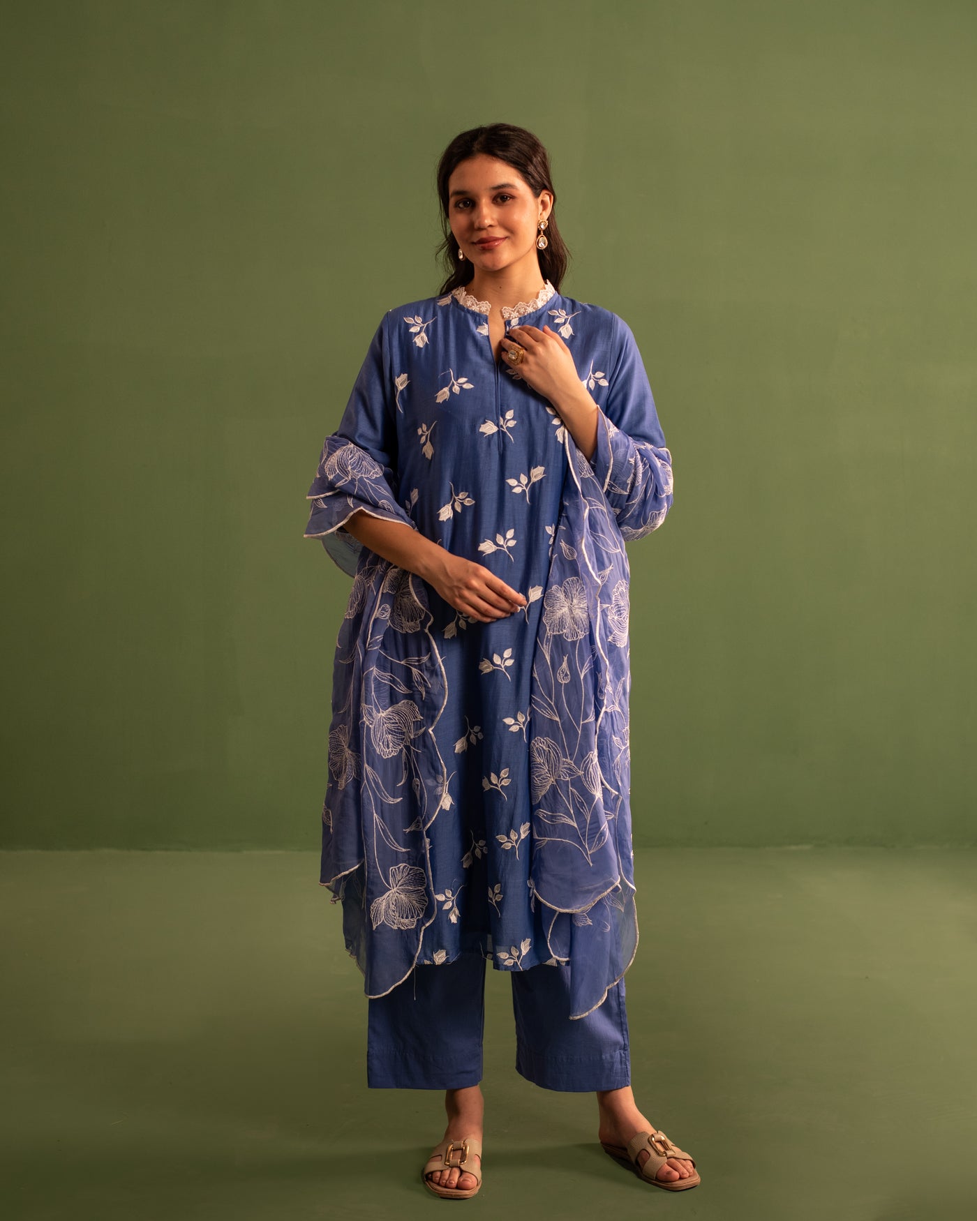 Space Blue Floral Embroidered Chanderi Suit Set