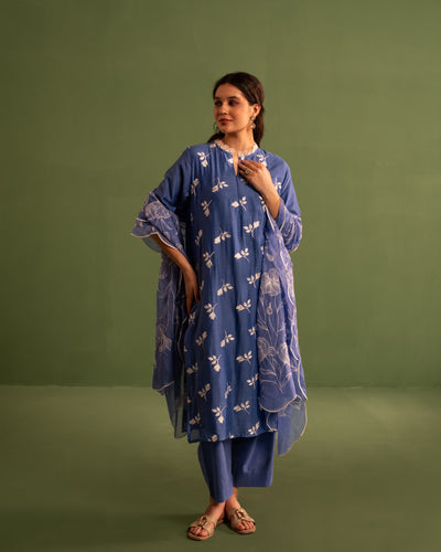 Space Blue Floral Embroidered Chanderi Suit Set