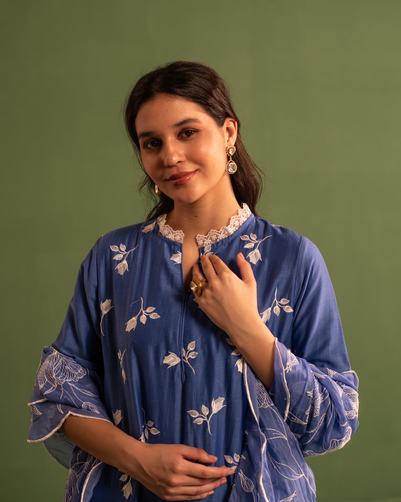 Space Blue Floral Embroidered Chanderi Suit Set