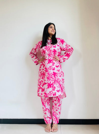 Pink Blossom Floral Print Cotton Co-ord Set