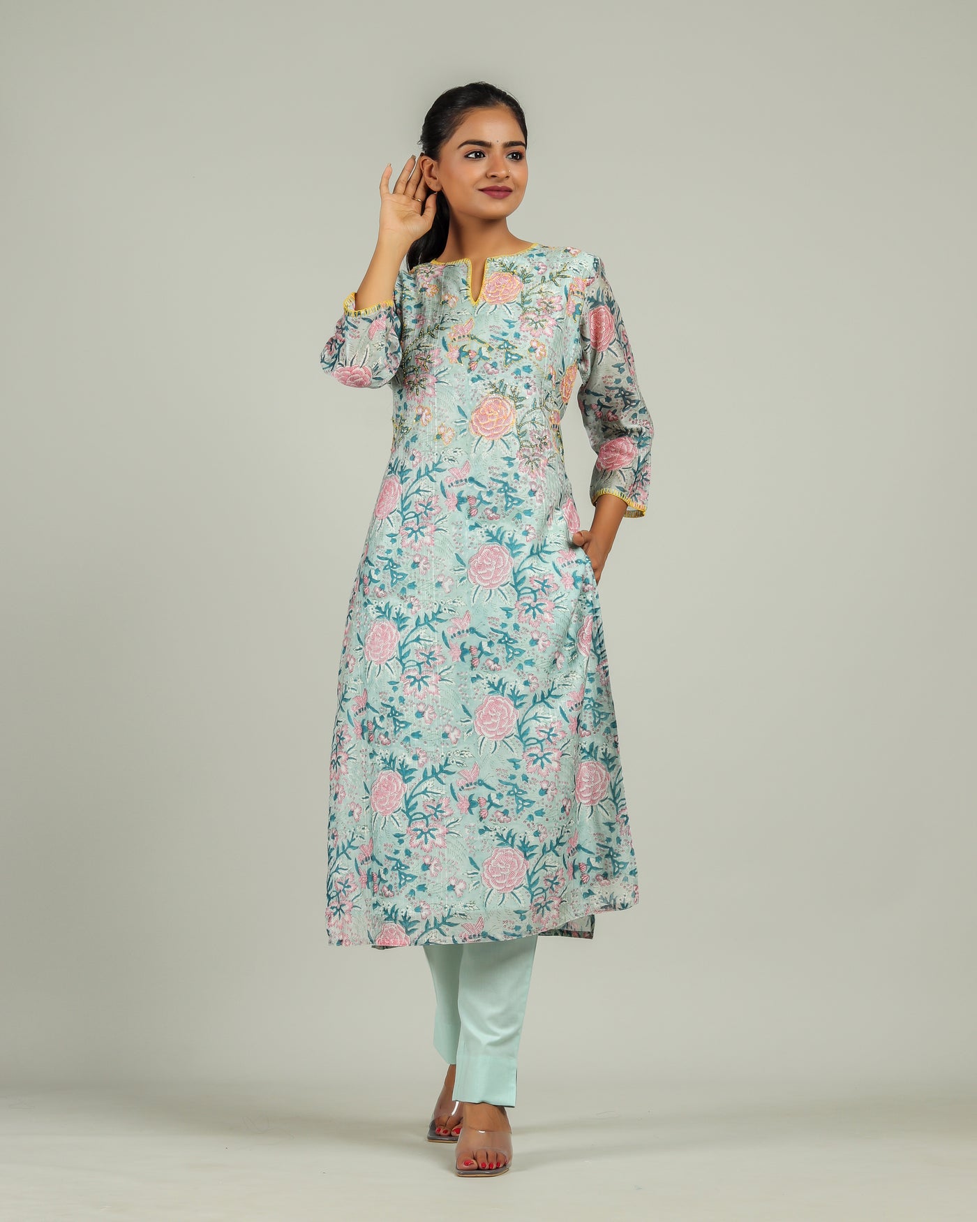 Blue Paradise Chanderi Floral Kurta Set