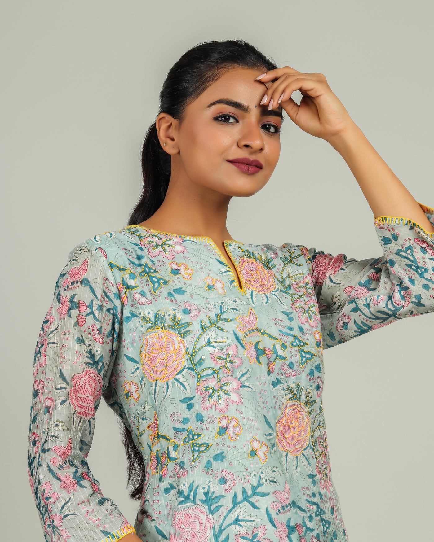 Blue Paradise Chanderi Floral Kurta Set