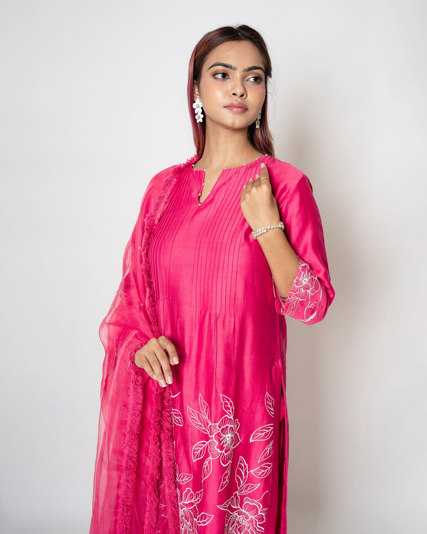 Fuchsia Charm Floral Embroidered Chanderi Suit Set