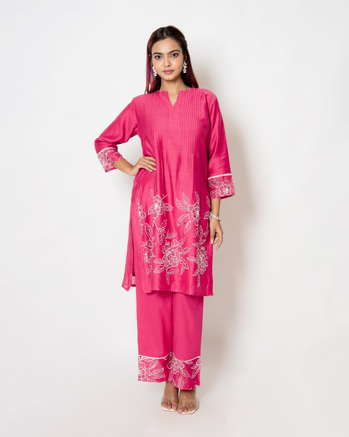 Fuchsia Charm Floral Embroidered Chanderi Suit Set