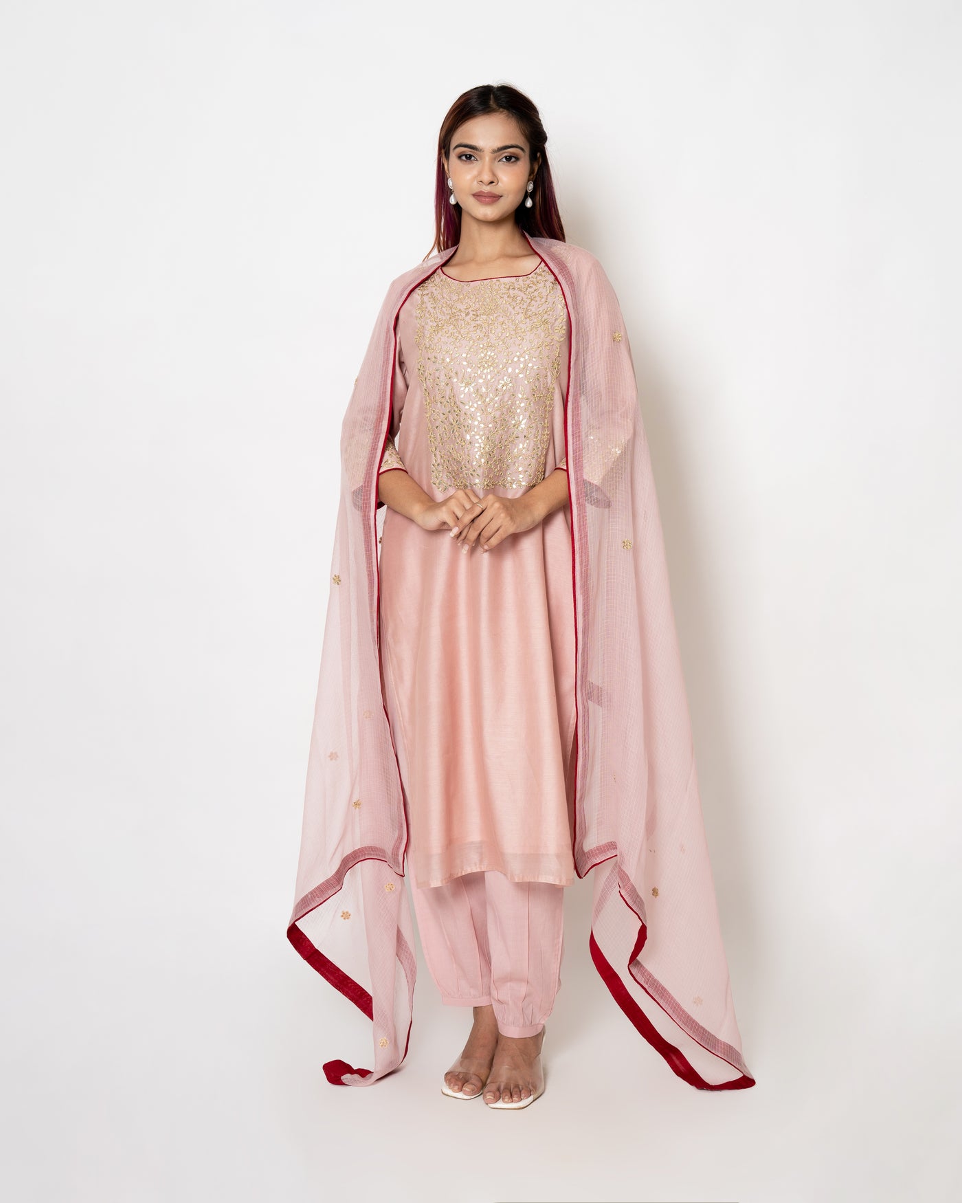 Pink Beige Gota Patti Chanderi Suit Set