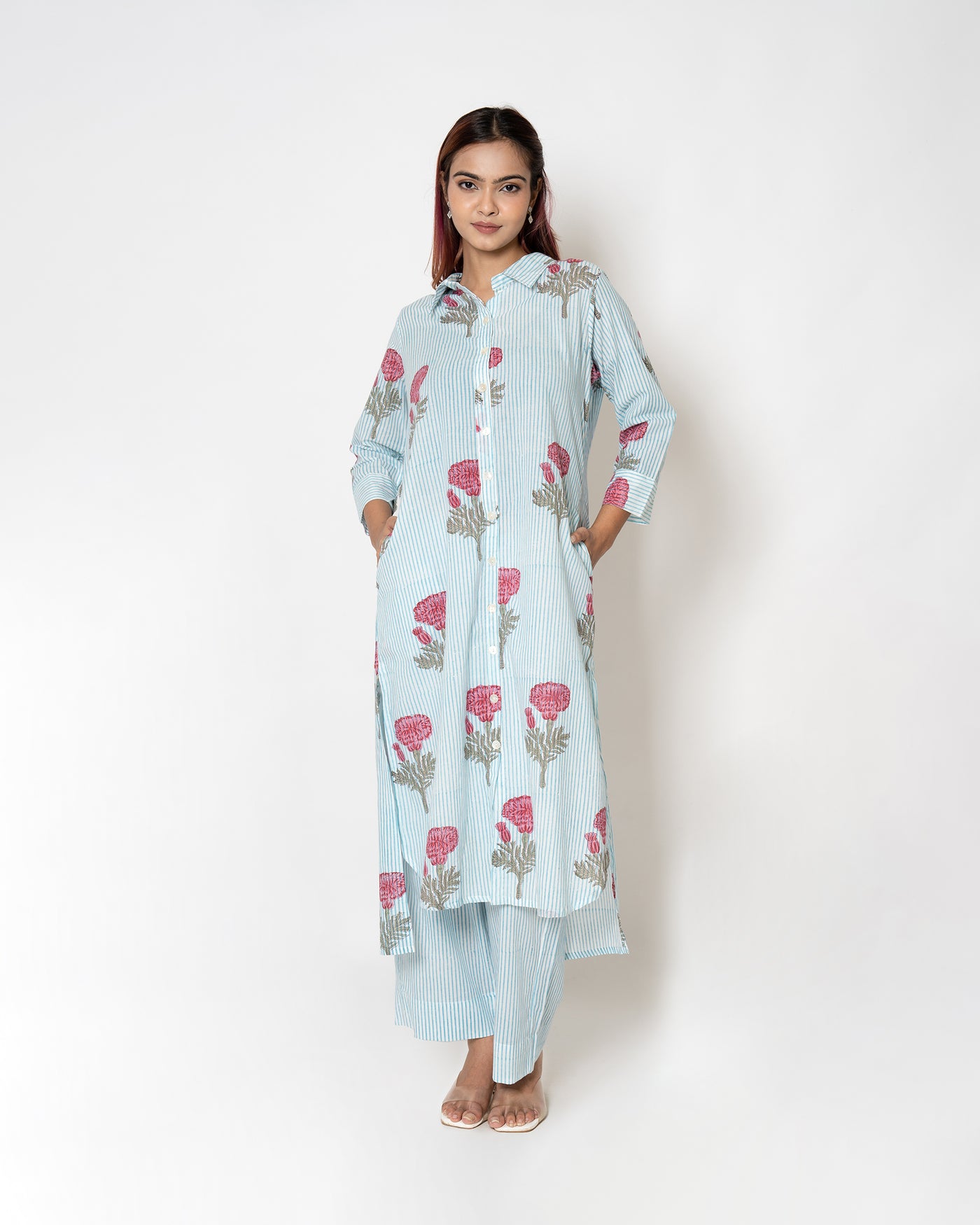 Serene Sky Handblock Print Cotton Kurta Set