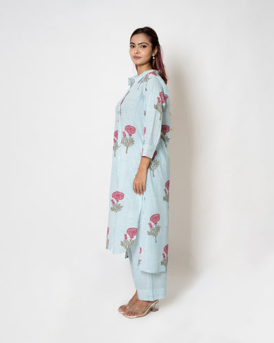 Serene Sky Handblock Print Cotton Kurta Set