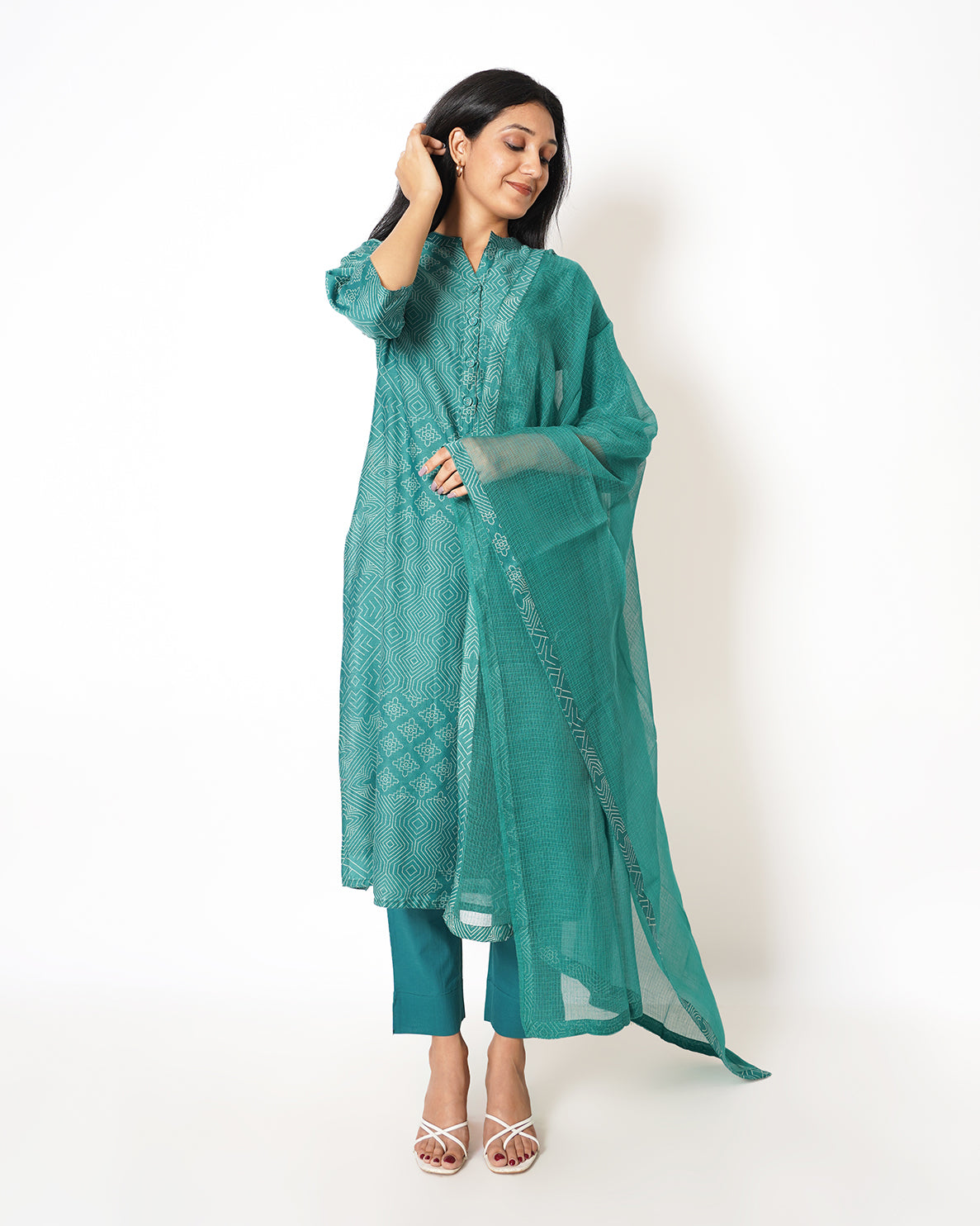 Charming Teal Printed Chanderi Suit Set