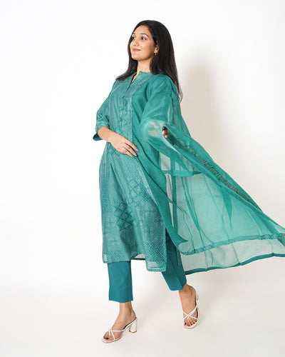 Charming Teal Printed Chanderi Suit Set