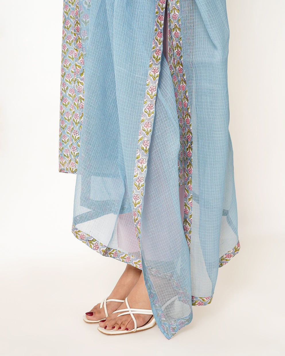 Spring Blue Floral Print Chanderi Suit Set