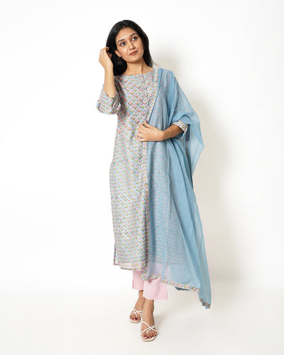 Spring Blue Floral Print Chanderi Suit Set