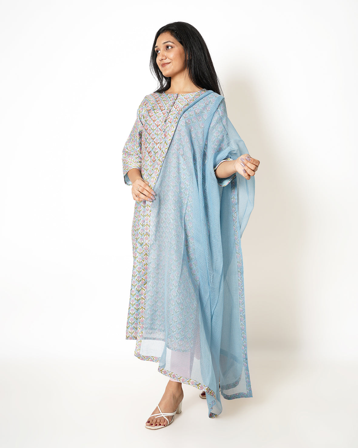 Spring Blue Floral Print Chanderi Suit Set