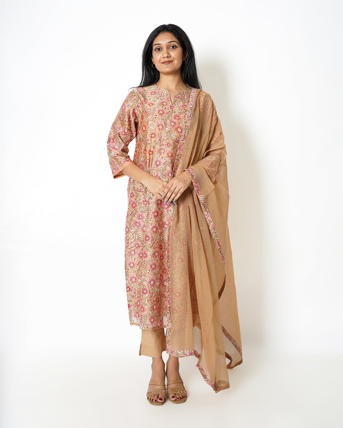 Dreamy Tan Floral Print Chanderi Suit Set