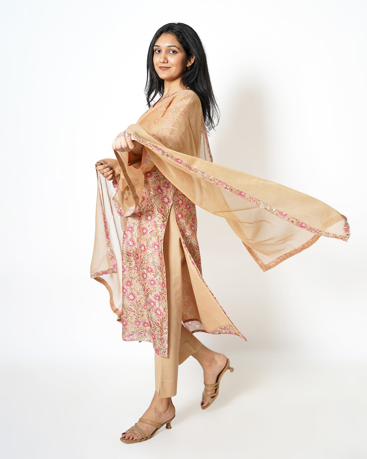 Dreamy Tan Floral Print Chanderi Suit Set