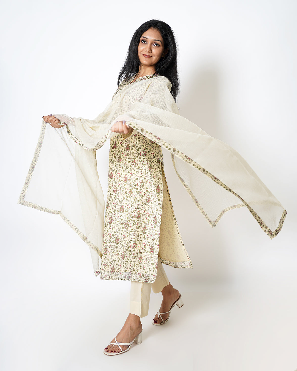 Blossomy Ivory Floral Print Chanderi Suit Set