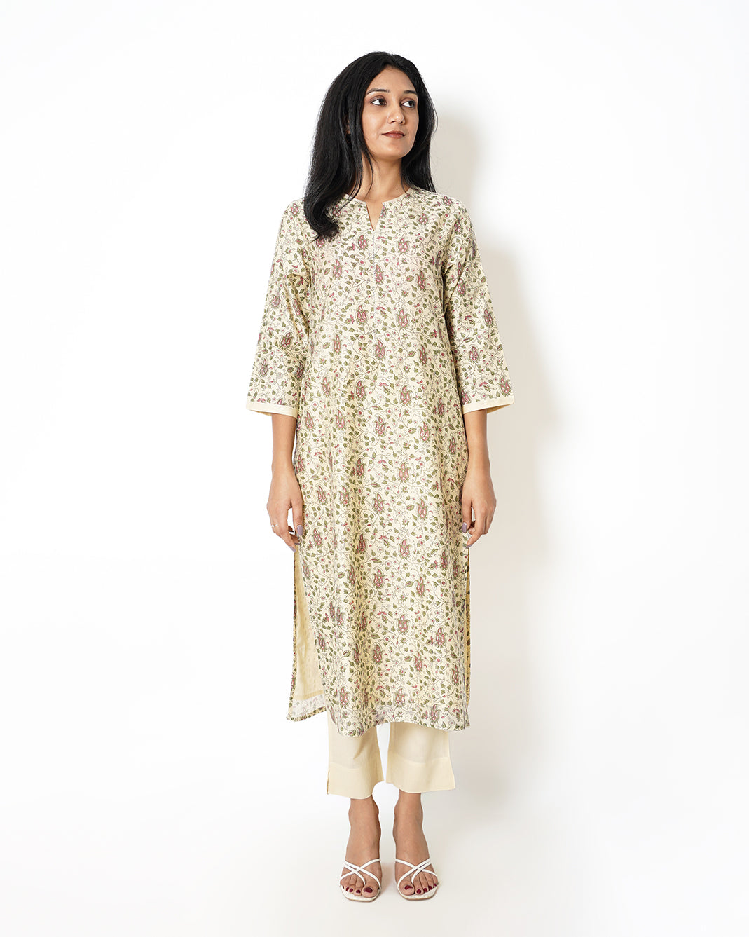 Blossomy Ivory Floral Print Chanderi Kurta Set