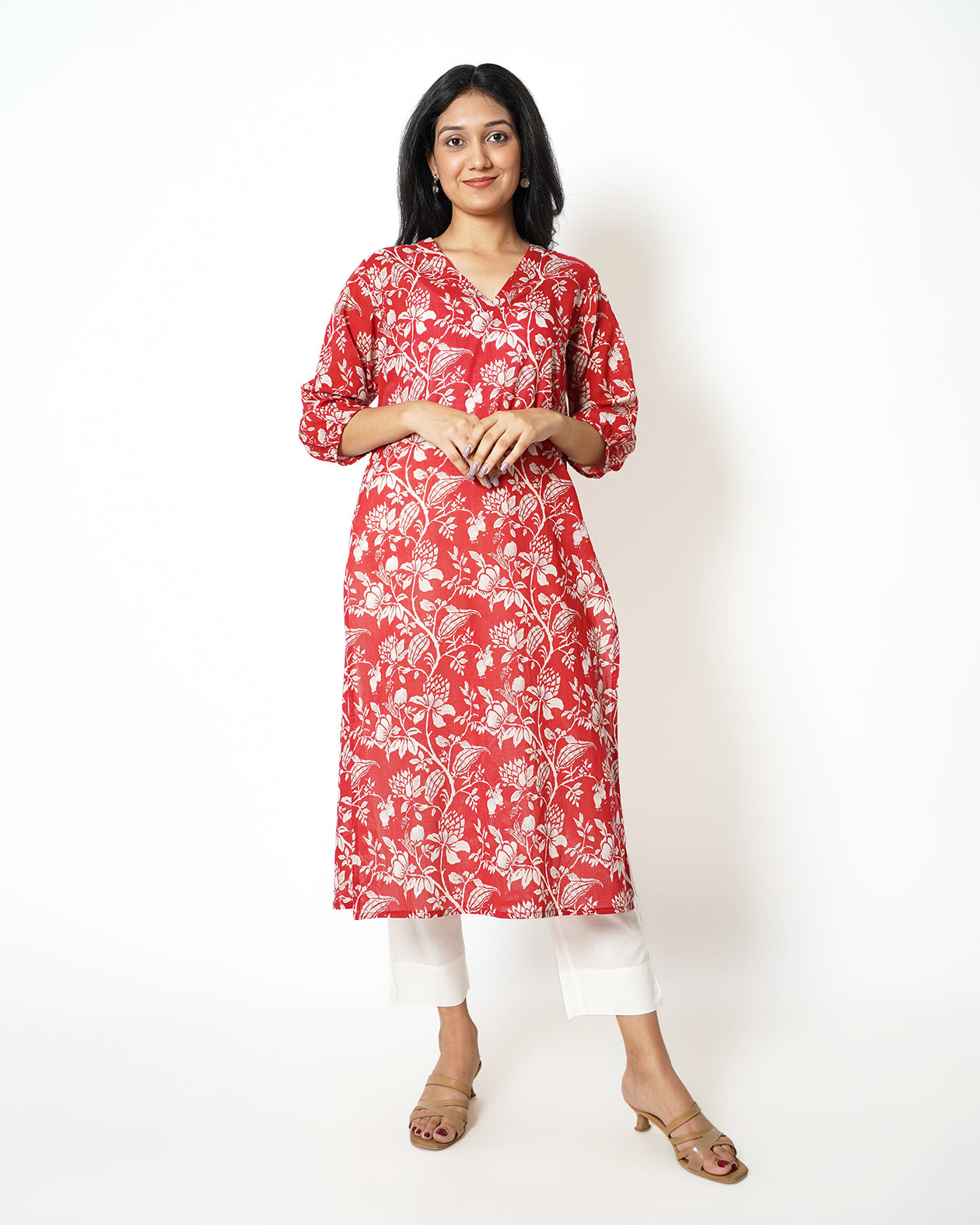 Ruby Red Floral Print Cotton Kurta Set