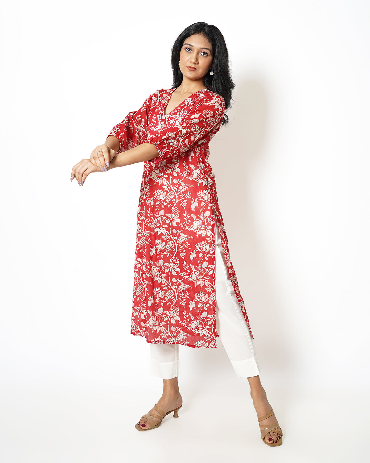 Ruby Red Floral Print Cotton Kurta Set