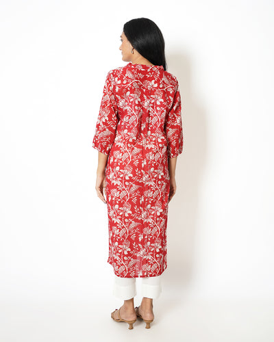 Ruby Red Floral Print Cotton Kurta Set