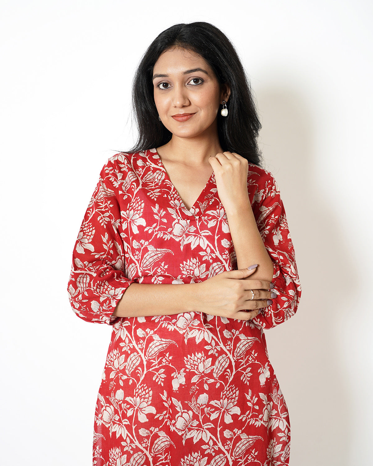 Ruby Red Floral Print Cotton Kurta Set