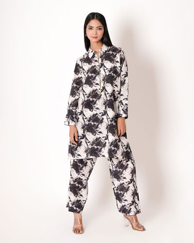 Monochrome Love Voil Slub Floral Print Co-ord Set