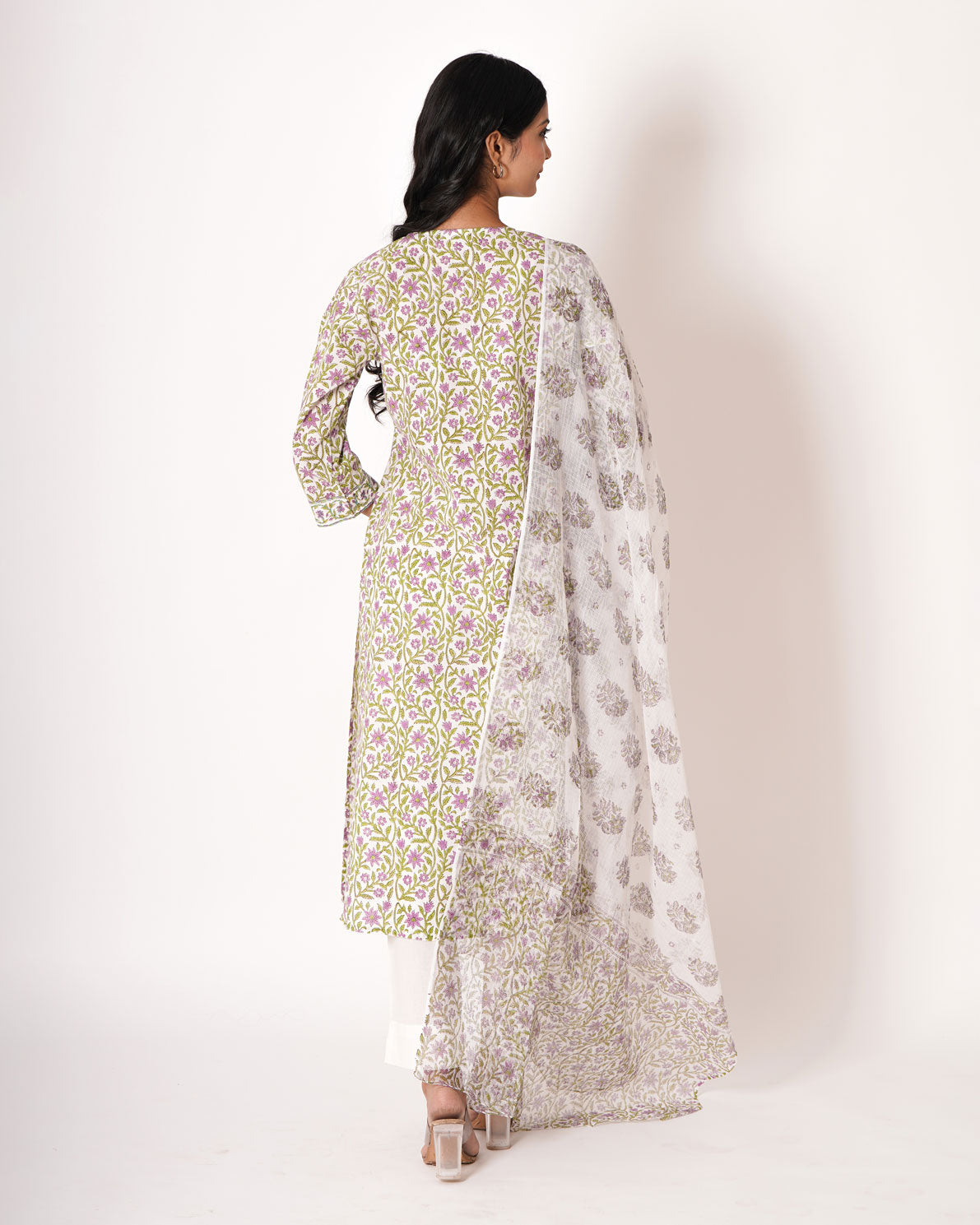 Floral Fantasy Handblock Print White Cotton Suit Set