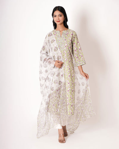 Floral Fantasy Handblock Print White Cotton Suit Set