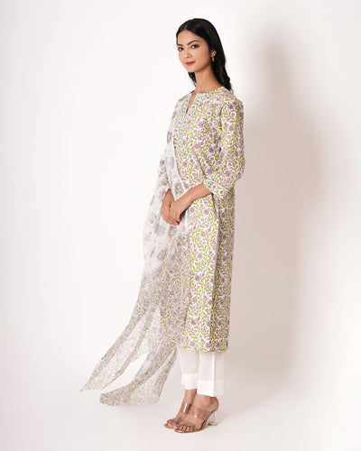 Floral Fantasy Handblock Print White Cotton Suit Set