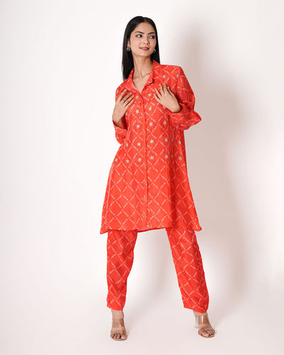 Red Orange  Bandhani Gota Work Bemberg Silk Co-ord Set