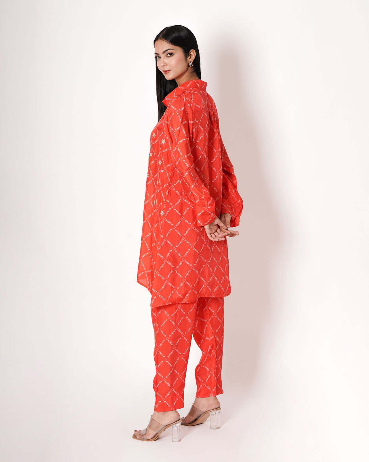 Red Orange  Bandhani Gota Work Bemberg Silk Co-ord Set