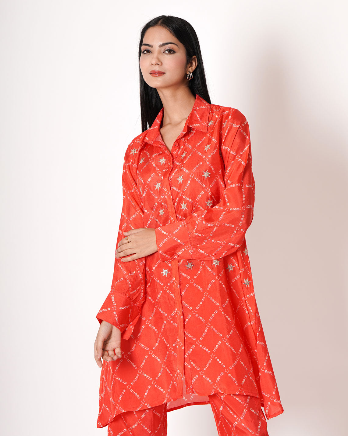 Red Orange  Bandhani Gota Work Bemberg Silk Co-ord Set