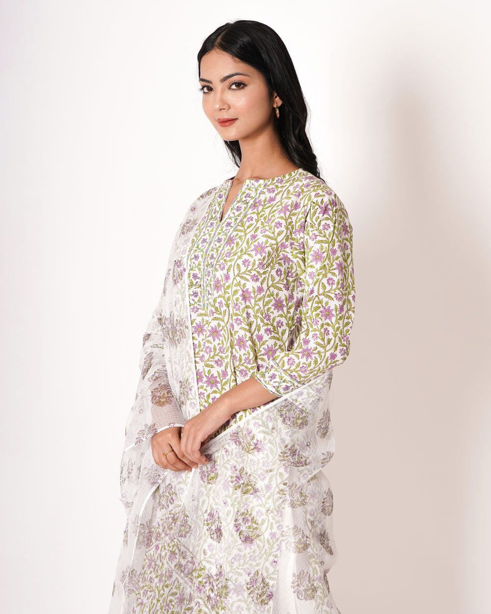 Floral Fantasy Handblock Print White Cotton Suit Set