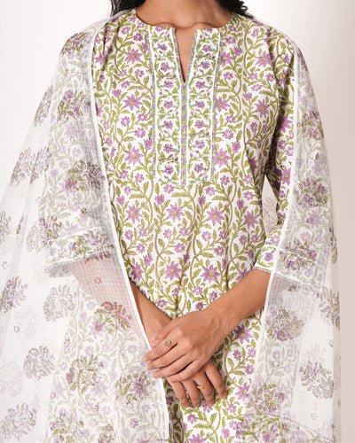 Floral Fantasy Handblock Print White Cotton Suit Set