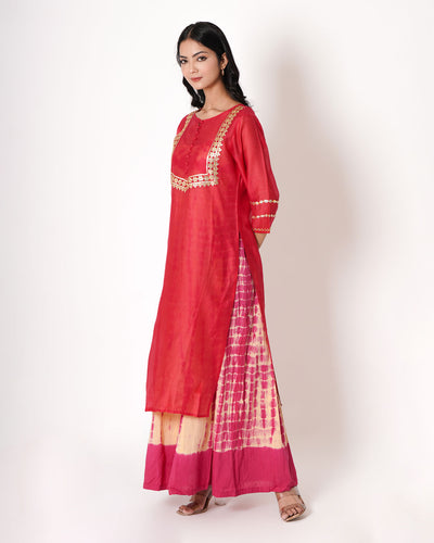 Mahogany Red Gota Work Chanderi Kurta & Dress Set