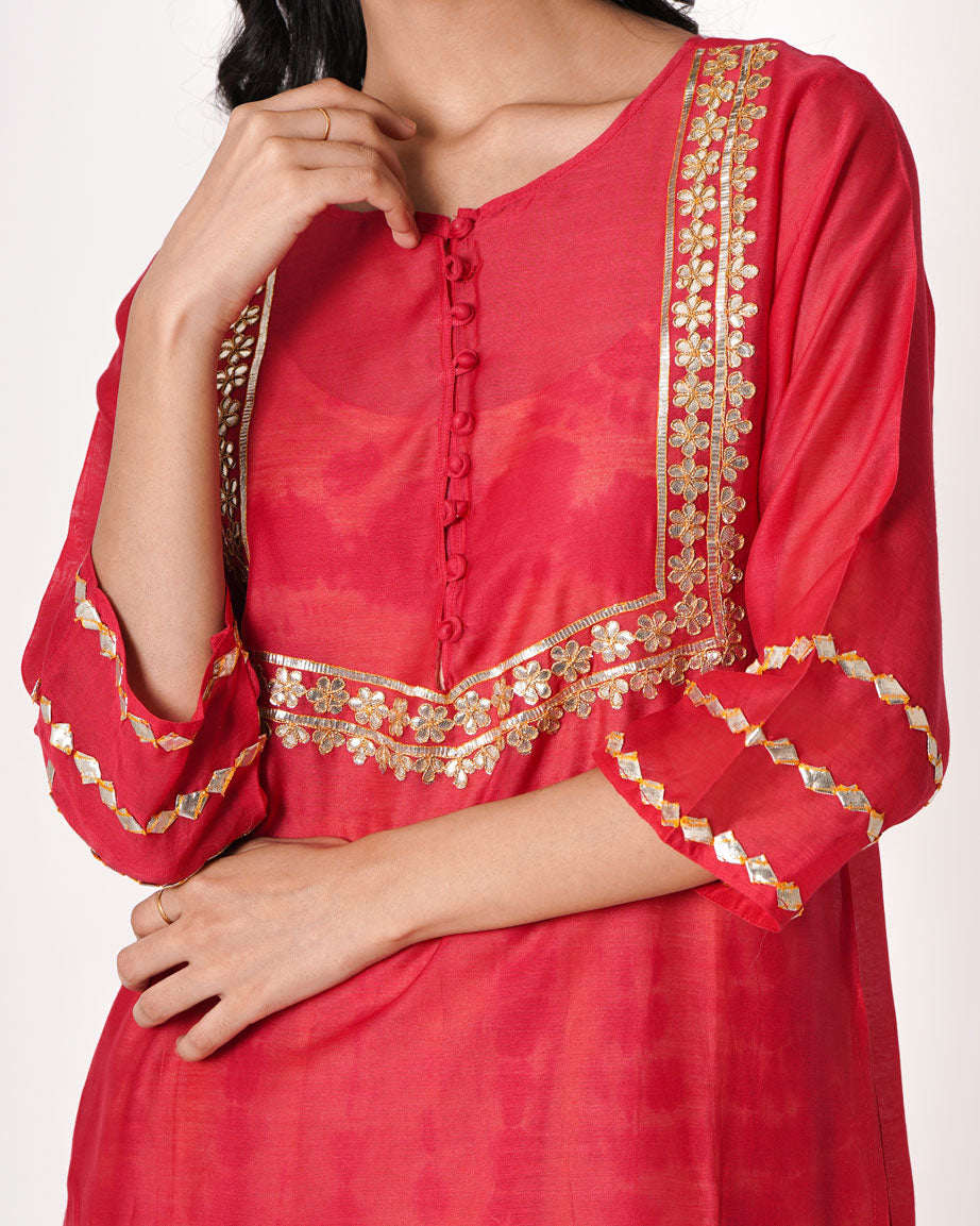 Mahogany Red Gota Work Chanderi Kurta & Dress Set